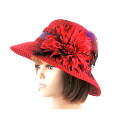 Red Church Derby Dress Paper Straw Hat Brocade Trim Feathers Society Ladies  eb-52477096